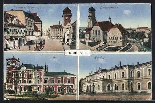 AK Crimmitschau, Bahnhof, Post, Thieme- und Silberstrasse