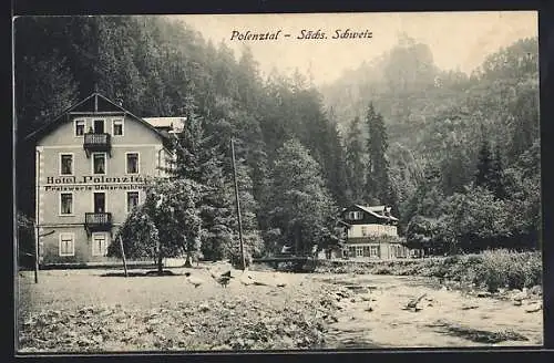 AK Polenztal /Sa., Hotel Polenztal mit Fluss und Gipfelblick