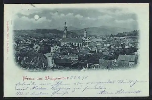 Mondschein-AK Deggendorf, Teilansicht mit Bergpanorama