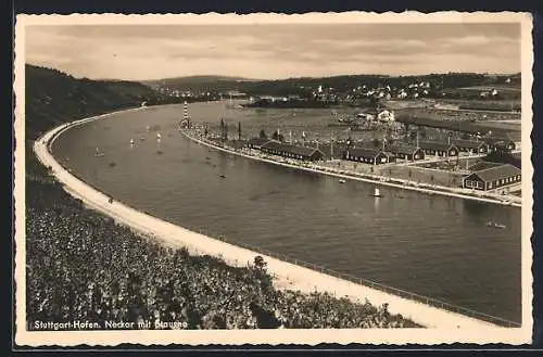 AK Stuttgart-Hofen, Neckar mit Stausee aus der Vogelschau