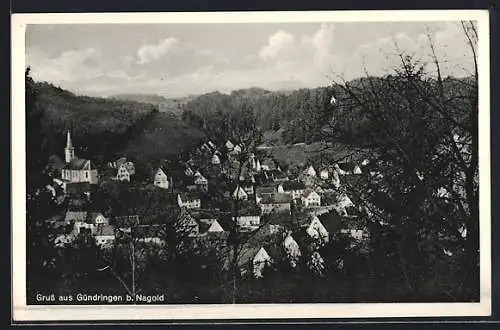 AK Gündringen b. Nagold, Ortsansicht mit Kirche aus der Vogelschau