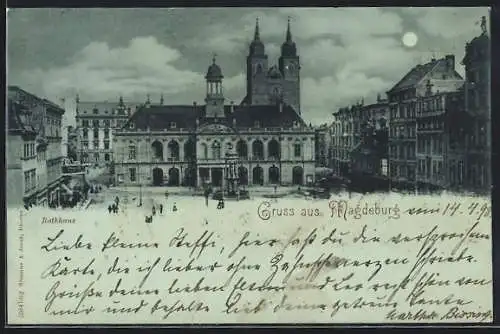 Mondschein-AK Magdeburg, Rathaus und Dom aus der Vogelschau