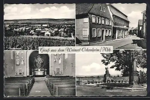 AK Ockenheim /Rhh., Strassenpartie, Kriegerdenkmal, Innenansicht der Kirche, Ortsansicht