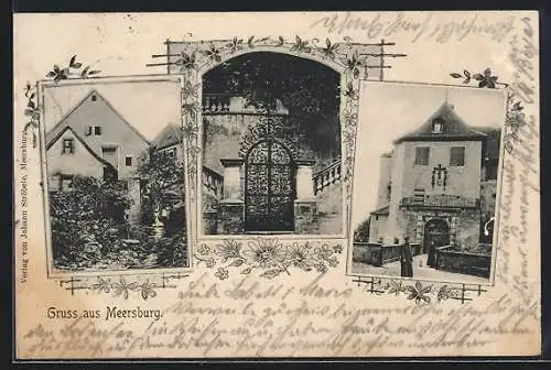 AK Meersburg, Ortspartien, Bogenfenster mit Balustrade, Turmgebäude, Blumen