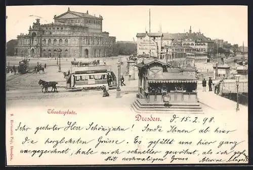 AK Dresden, Theaterplatz mit Kiosk und Pferdebahn aus der Vogelschau