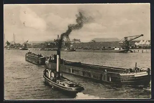 AK Essen, Rhein-Herne-Kanal, Hafen Arenberg, Schlepper und Lastenkähne