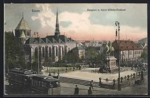 AK Essen, Burgplatz mit Kaiser Wilhelm-Denkmal und Strassenbahn aus der Vogelschau