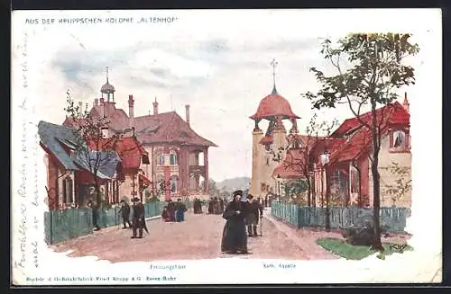 AK Essen, Ansicht vom Erholungshaus und der Kath. Kapelle in der Krupp'schen Kolonie Altenhof