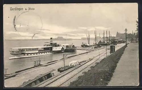 AK Uerdingen a. Rhein, Dampfer am Hafen, Bahntrassen