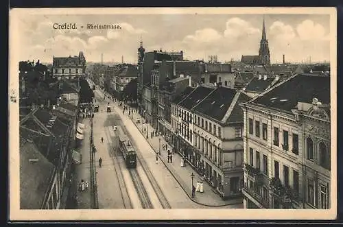 AK Crefeld, Rheinstrasse mit Strassenbahn aus der Vogelschau