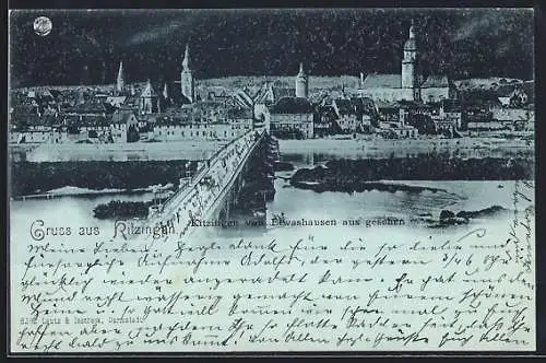 Mondschein-AK Kitzingen, Ortspanorama mit Brücke, gesehen von Etwashausen