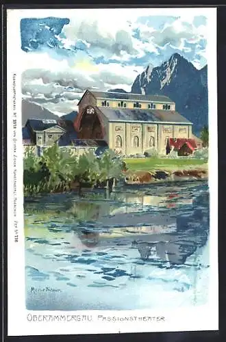 Künstler-Lithographie Zeno Diemer: Oberammergau, Blick zum Passionstheater