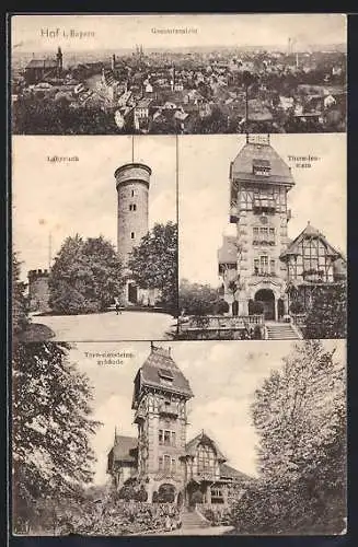 AK Hof i. Bayern, Labyrinth, Theresienstein und Theresiensteinsgebäude