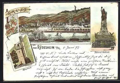 Lithographie Rüdesheim / Rhein, Nationaldenkmal und Mäuseturm