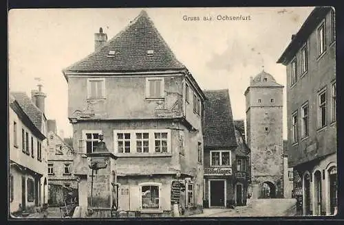 AK Ochsenfurt / Main, Ortspartie mit Brunnen u. Torturm