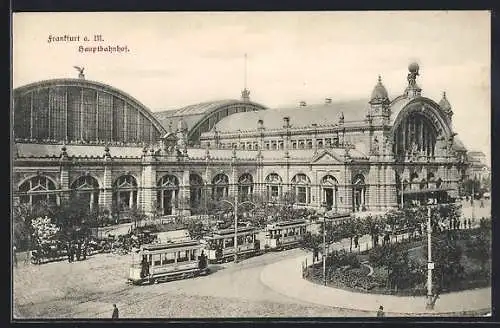 AK Frankfurt, Haltende Strassenbahnen vor dem Hauptbahnhof