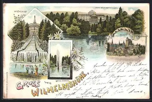 Lithographie Kassel-Wilhelmshöhe, Löwenburg, Schloss mit See, Cascaden