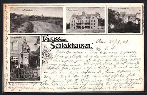 AK Schledehausen / Bissendorf, Sanatorium, Scheelenburg, Kriegerdenkmal, Ortsansicht