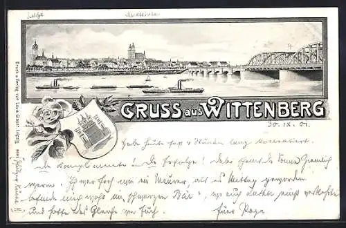 Lithographie Wittenberg / Lutherstadt, Totalansicht über den Fluss