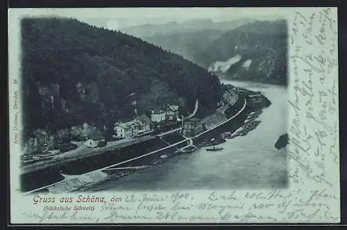 Mondschein-AK Schöna / Sächsiche Schweiz, Ortsansicht mit Fluss u. Bergpanorama aus der Vogelschau