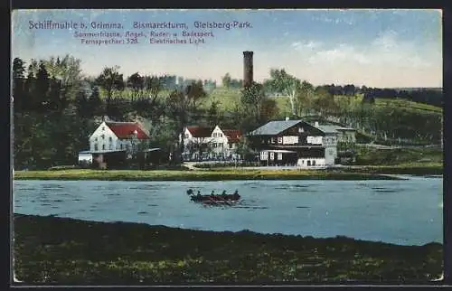 AK Grimma, Schiffmühle, Bismarckturm, Gleisberg-Park