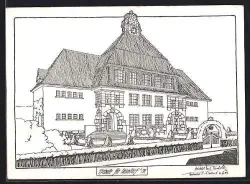 Künstler-AK Cunsdorf / Vogtland, Entwurf für die Schule des Architekten Paul Reinhold, Reichenbach