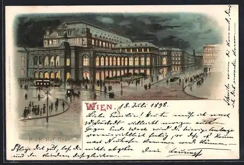 Lithographie Wien, K. u. K. Hof-Oper bei Nacht und Beleuchtung