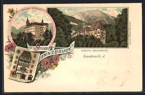 Lithographie Innsbruck, Gasthaus Goldenes Dach, Schloss Weiherburg, Schloss Ambras