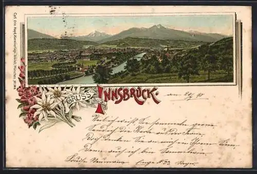 Lithographie Innsbruck, Teilansicht mit Bergen, Alpenblumen