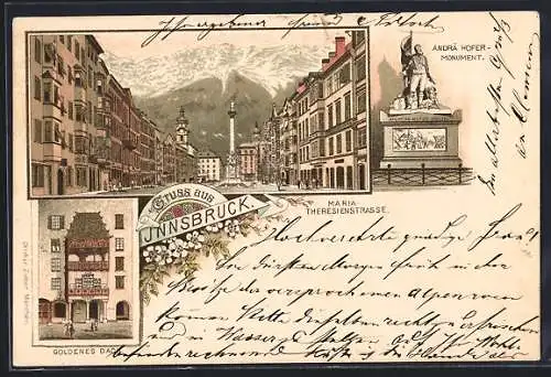 Lithographie Innsbruck, Gasthaus Goldenes Dach, Maria-Theresienstrasse, Andrä Hofer-Monument