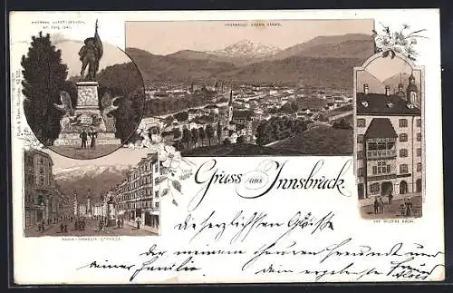 Lithographie Innsbruck, Gasthaus Goldenes Dachl, Maria-Theresia-Strasse, Andreas Hofer-Denkmal am Berg Isel