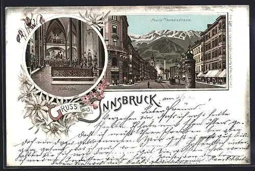 Lithographie Innsbruck, Inneres der Hofkirche, Maria Theresienstrasse