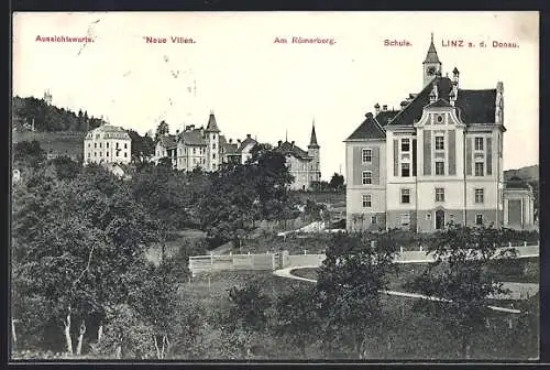 AK Linz a. d. Donau, Schule, Aussichtswarte und neue Villen am Römerberg