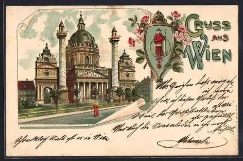 Lithographie Wien, Karlskirche mit Strassenpartie, Wappen