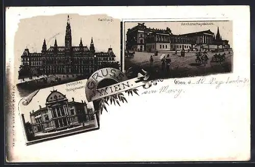 Lithographie Wien, Reichsratsgebäude, Deutsches Volkstheater, Rathaus