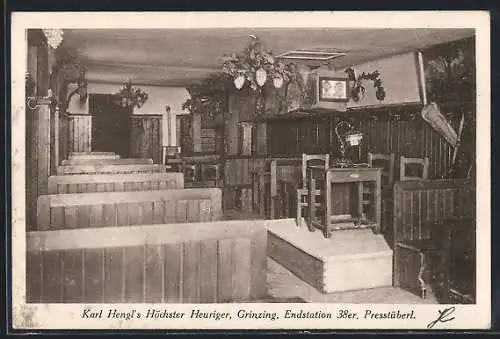 AK Grinzing, Gasthaus Höchster Heuriger Karl Hengl, Endstation 38er, Presstüberl, Innenansicht