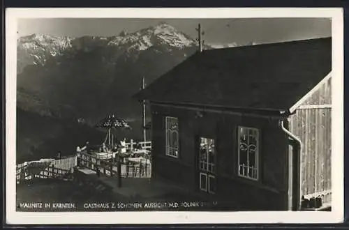 AK Mallnitz in Kärnten, Gasthaus zur schönen Aussicht, Ansicht mit den Bergen