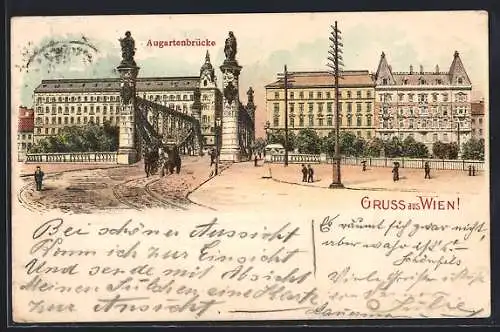 Lithographie Wien, Augartenbrücke mit Statuen auf den Brückenpfeilern