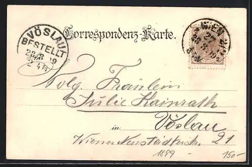 Lithographie Wien, Augartenbrücke mit Statuen auf den Brückenpfeilern