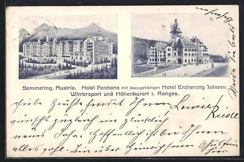 AK Semmering, Austria Hotel Panhans mit dazugehörigem Hotel Erzherzog Johann