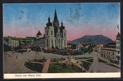 AK Maria Zell, Platz mit Denkmal und Kirche