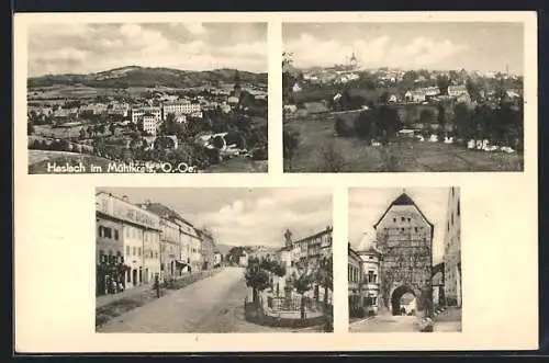 AK Haslach im Mühlkreis, Teilansicht, Torbogen und Platz mit Denkmal