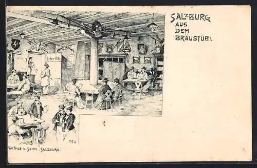 Künstler-AK Salzburg, Gasthaus Bräustübl, Gäste beim Essen