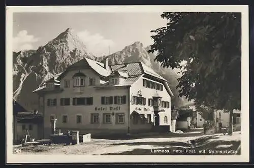 AK Lermoos, Hotel Post mit Sonnenspitze