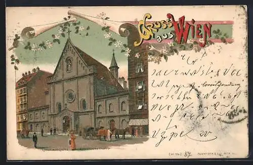 Lithographie Wien, Kapuzinerkirche mit Kaiserlicher Gruft