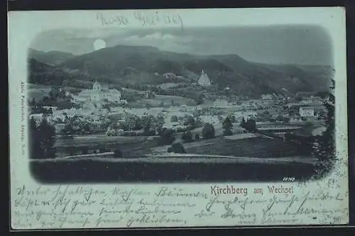 Mondschein-AK Kirchberg am Wechsel, Totalansicht gegen die Berge