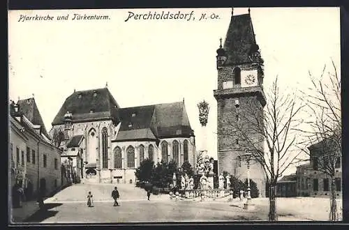 AK Perchtoldsdorf /N.-Oe., Pfarrkirche und Türkenturm