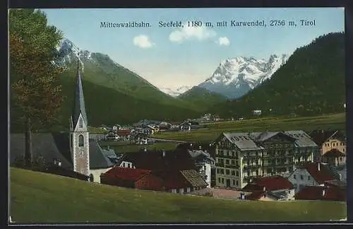 AK Seefeld /Mittenwaldbahn, Ortsansicht mit dem Karwendel