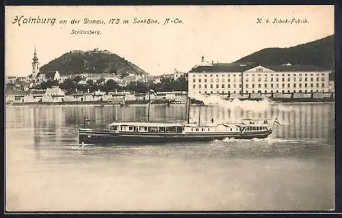 AK Hainburg an der Donau, Ortsansicht mit Schlossberg und K. k. Tabak-Fabrik