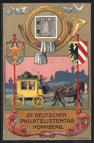AK Nürnberg, 27. Deutscher Philatelistentag 22.-25.07.1921, Postkutsche, Ganzsache